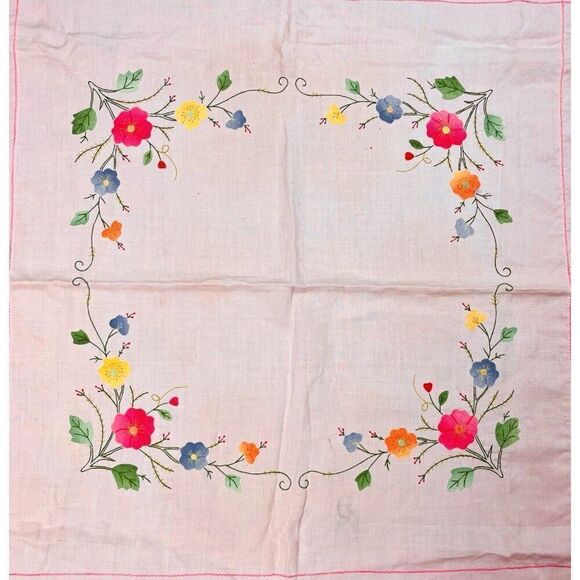 Vintage Handmade Pink Square Embroidered Floral Tablecloth 42 x 41 Appliqué Cute - Picture 2 of 16